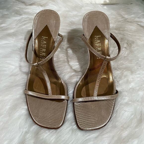 LRL Ralph Lauren Leather T-Strap Metallic High Heel Snakeskin Slides Sandals 5.5 - Picture 8 of 13
